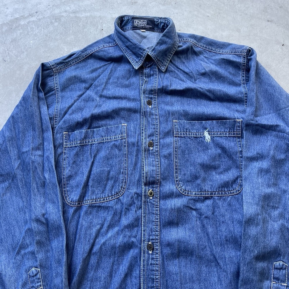 Polo Ralph Lauren Shirt Blue 80s Vintage Denim Button Down Large Made In USA - Picture 2 of 7